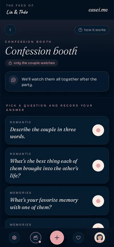 Confession booth screen, with questions for guests to answer on video