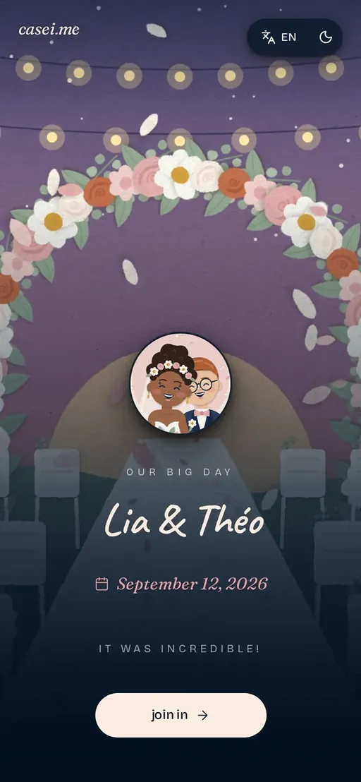 Lia and Théo's wedding page, with the date and the join button