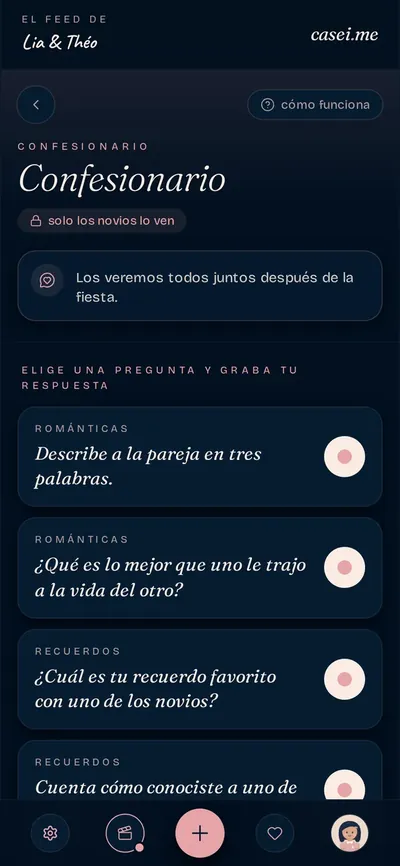 Pantalla del Confesionario, con preguntas para que los invitados respondan en video