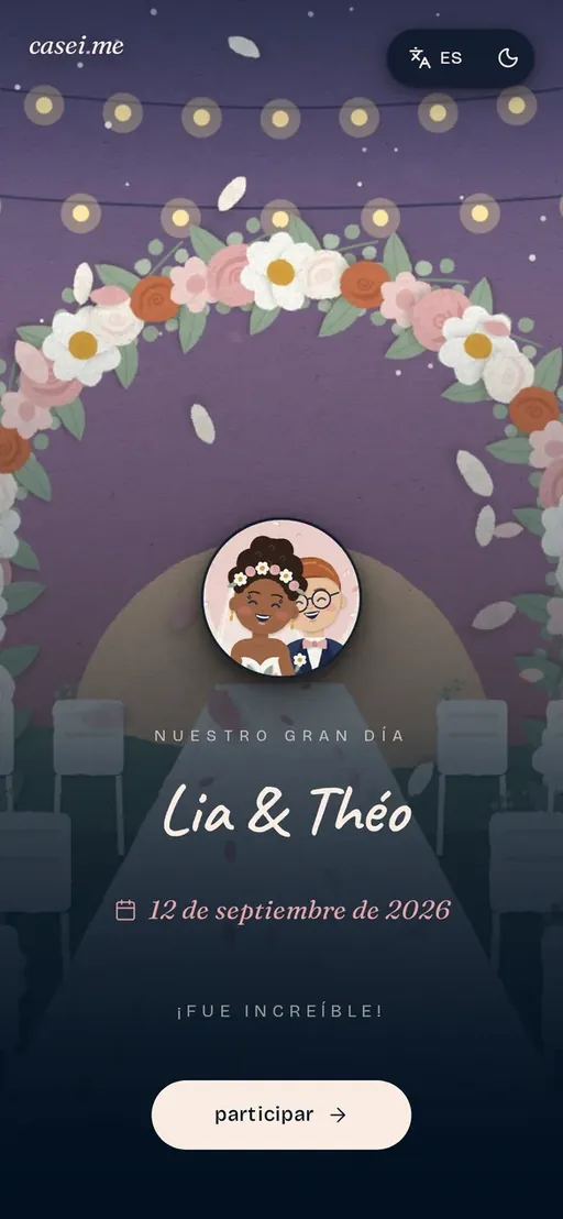 Página de la boda de Lia y Théo, con la fecha y el botón para participar