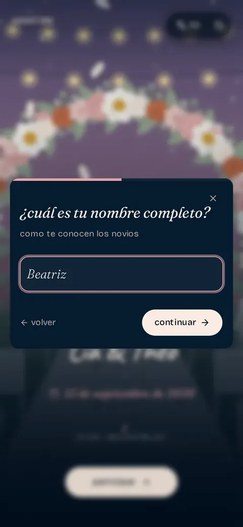 Pantalla de registro del invitado, pidiendo el nombre completo