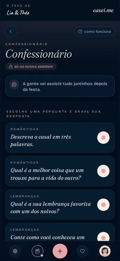 Tela do Confessionário, com as perguntas pros convidados responderem em vídeo
