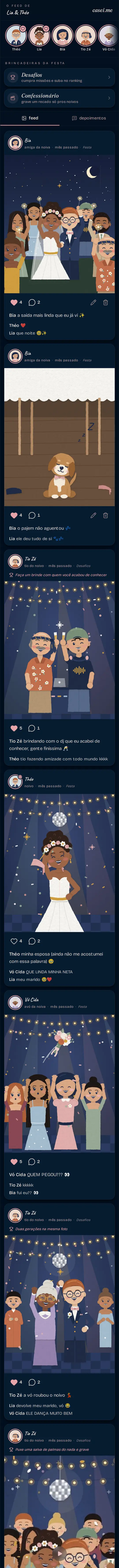 Tela do feed do casamento, com os convidados no topo e as brincadeiras da festa