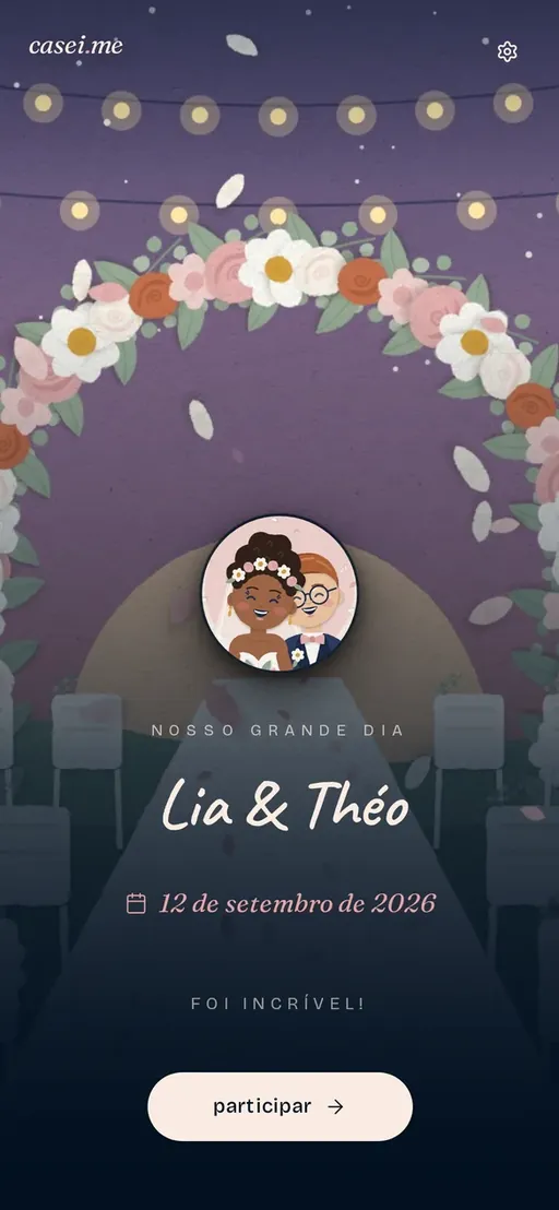 Tela da página do casamento da Lia e do Théo, com a data e o botão participar