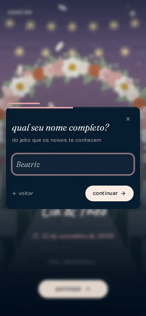 Tela do cadastro do convidado, pedindo o nome completo