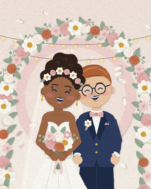 Ilustração de papel da Lia e do Théo no altar, de mãos dadas