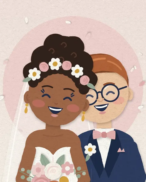 Ilustração de papel recortado da Lia e do Théo vestidos de noivos, rindo juntos